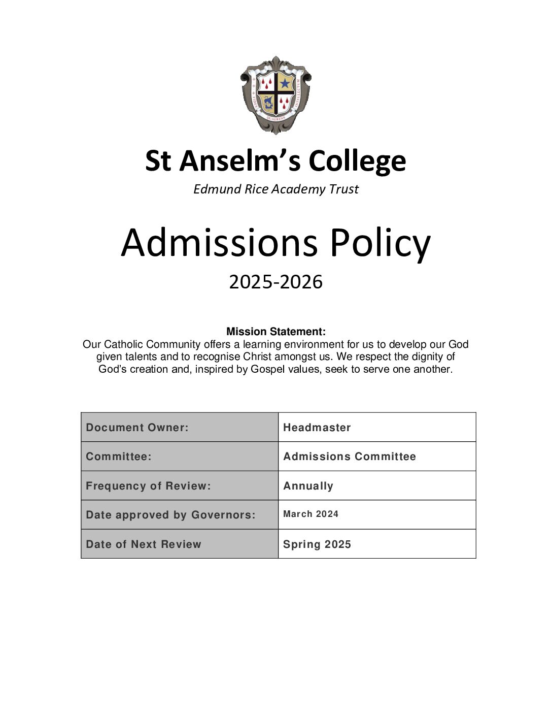 Admissions Policy 2025-26