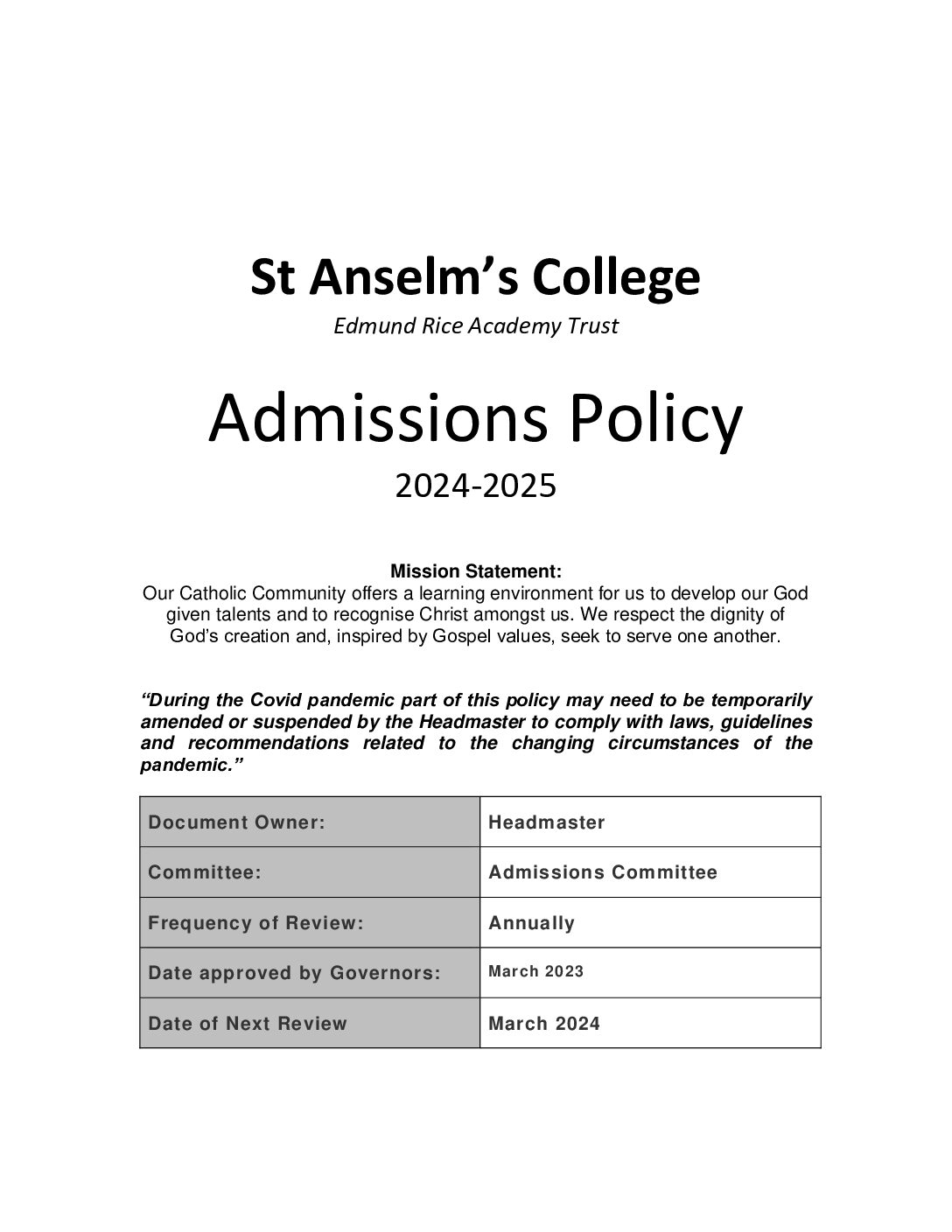 Admissions Policy 2024-25