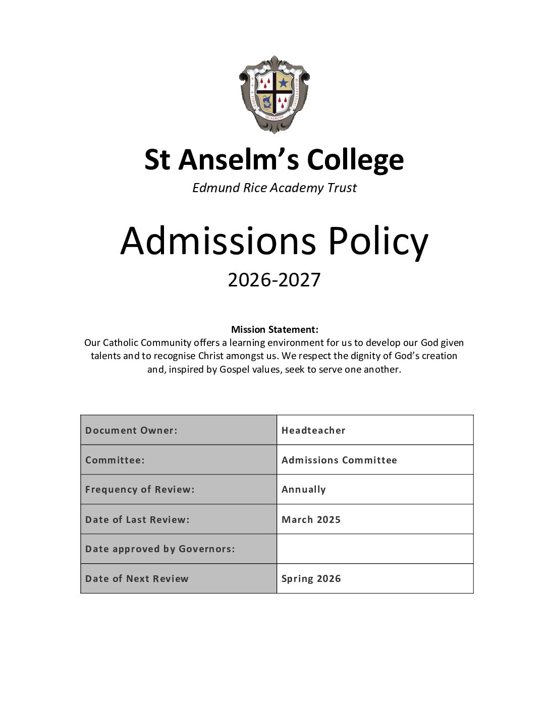 Admissions Policy 2026-27